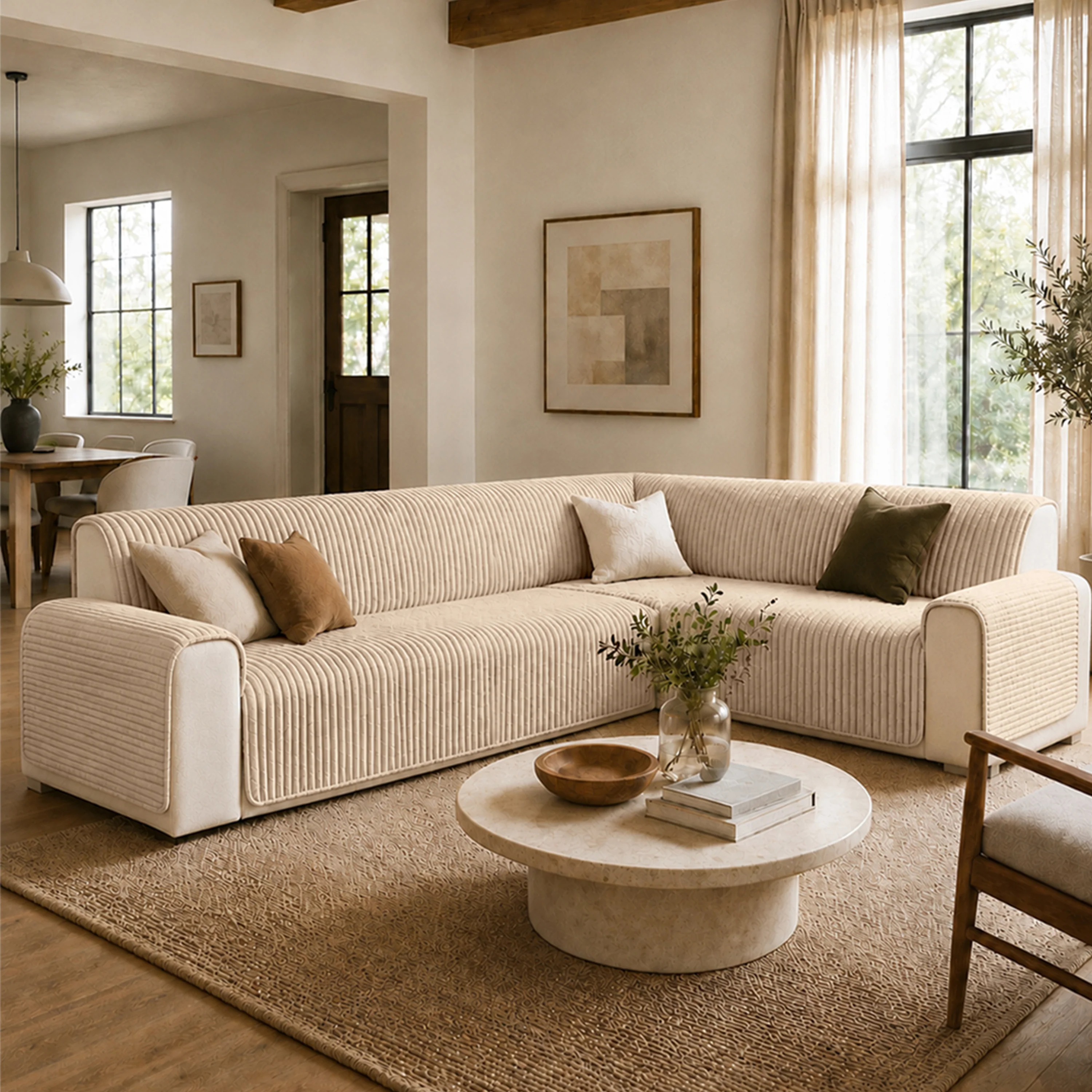 Housse fauteuil de canapé en une seule pièce non glissante, douce et adaptée aux animaux - Rayures - Image 9