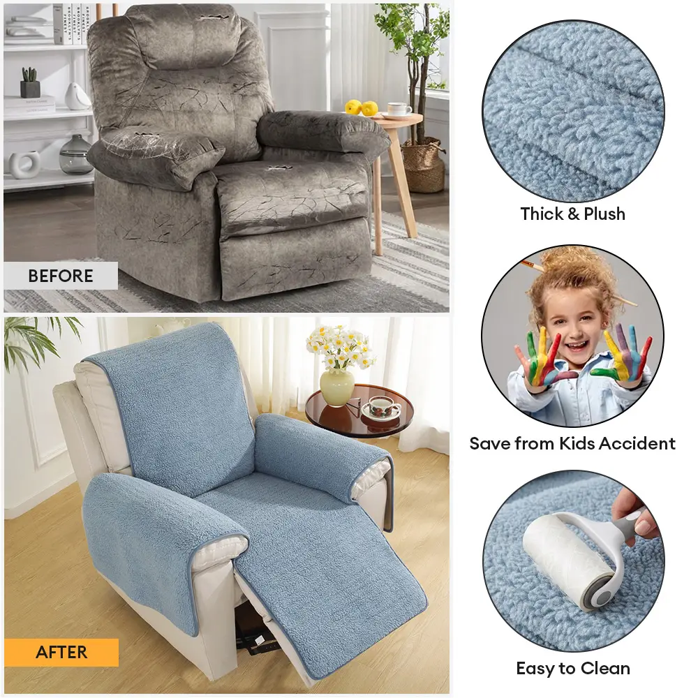 Housse de fauteuil inclinable en fausse fourrure sherpa épaisse et douce avec des sangles élastiques. - Image 3