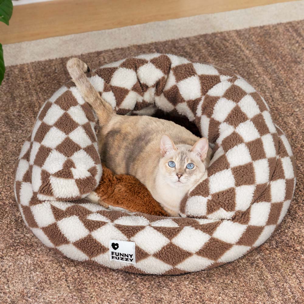 Lit pour chat en forme de donut classique à motif argyle lavable - Havre douillet - Image 3