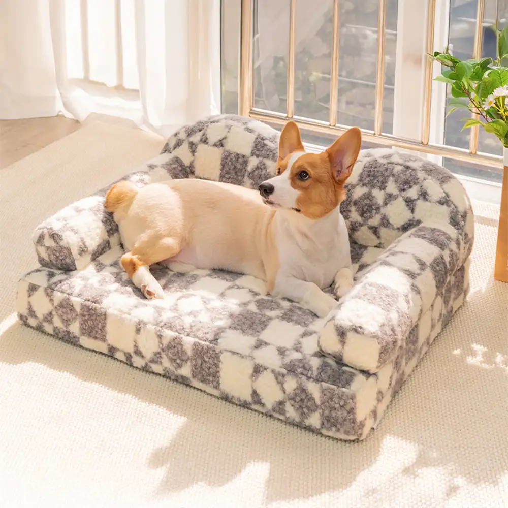 Lit pour chien en peluche thermique amovible et lavable à motif géométrique