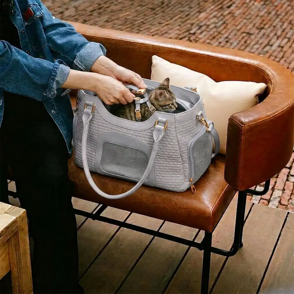 Sac de transport pour animaux en cuir synthétique respirant et portable, adapté pour les chiens et les chats, idéal pour les voyages et les vétérinaires. - Image 2